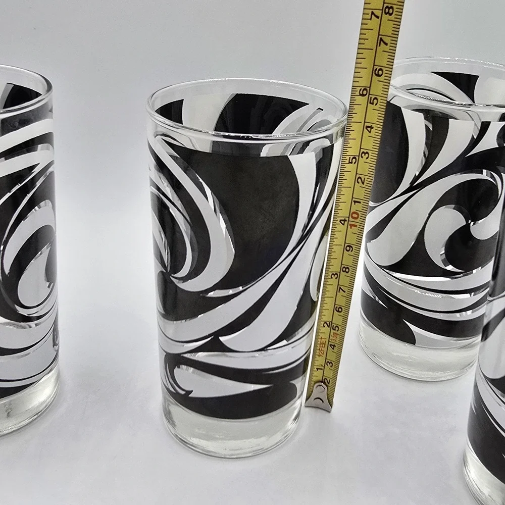 Libbey Partytime Mid-Century Black and White Atomic Swirl Glasses Vhtf Mod‎
